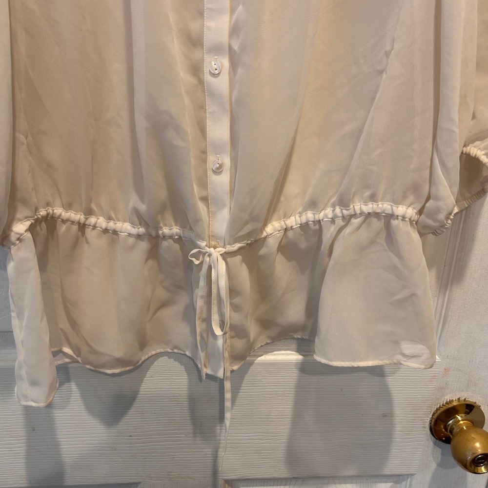 Loft Women's L Cream Sheer Button Down Top Blouse Drawstring Peplum Cottagecore - Picture 2 of 7